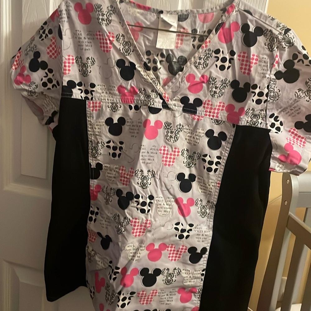 Disney Mickey Mouse black pink white and grey Scrub top size M